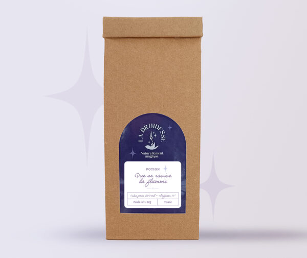 Tisane bien-être émotionnel Que se ravive la flamme à base de lavande, mélisse et verveine, en sachet de 30g.
