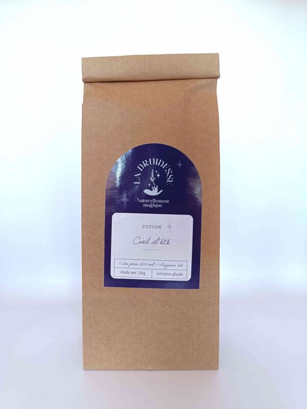 Sachet d'infusion glacée sans sucre Ciel d'été, en kraft, contenant hibiscus, menthe poivrée, verveine, thym citron, cynorhodon